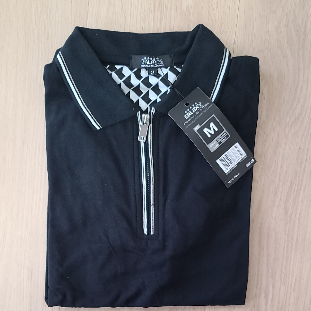 Galaxy By Harvic Black Polo with Geometric Collar